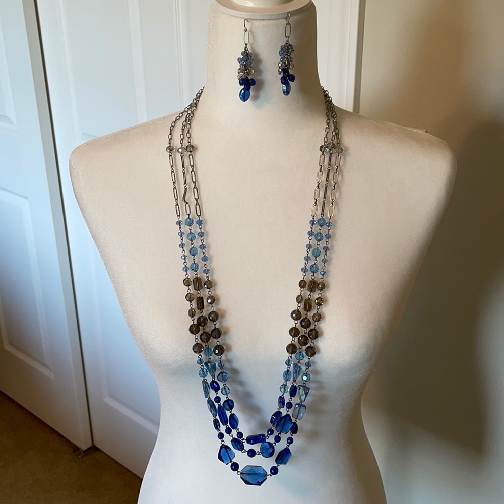 WHBM Triple Strand Blue Crystal Necklace/Earrings
